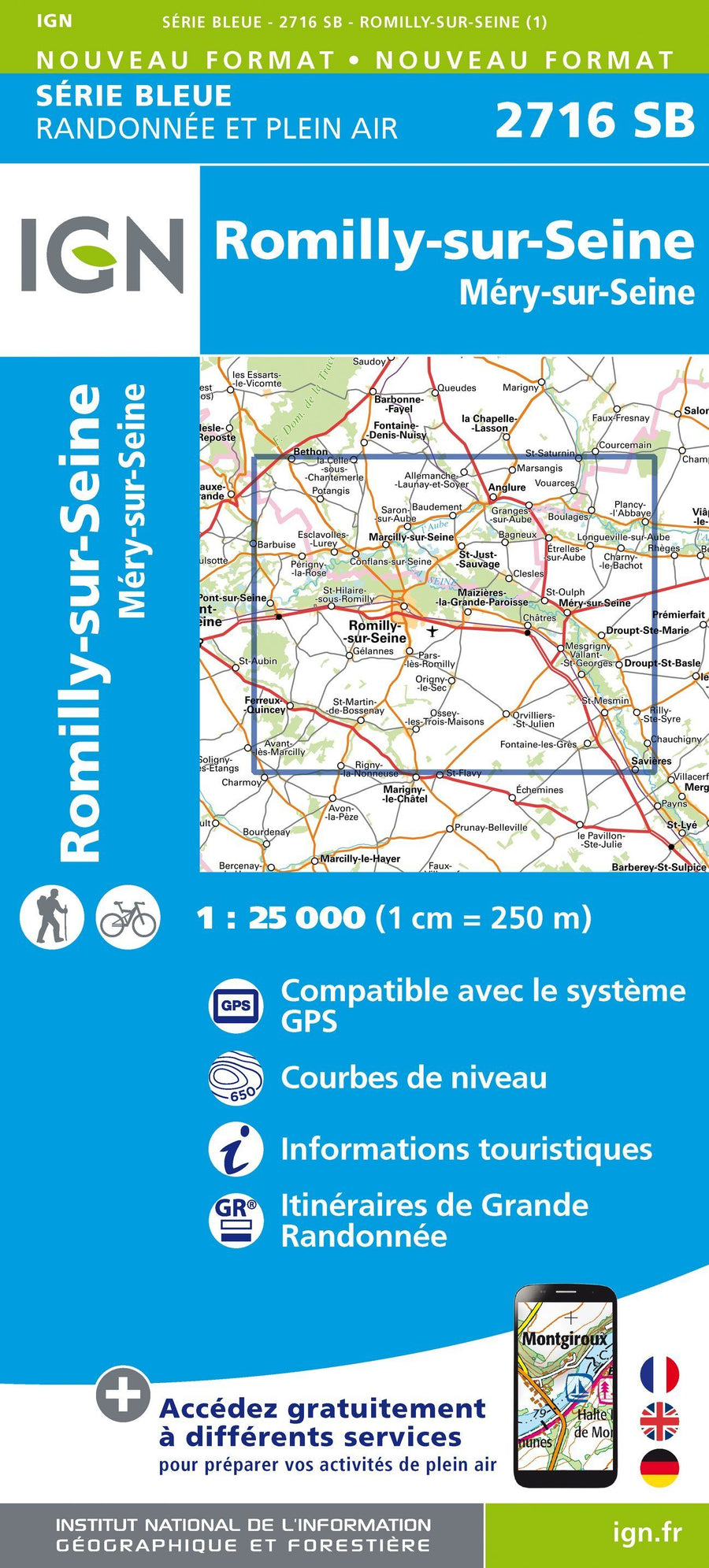 Carte de randonnée n° 2716 - Romilly-sur-Seine, Merry-sur-Seine | IGN - Série Bleue carte pliée IGN 