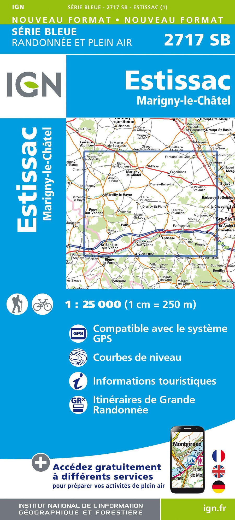 Carte de randonnée n° 2717 - Estissac, Marigny-le-Châtel | IGN - Série Bleue carte pliée IGN 