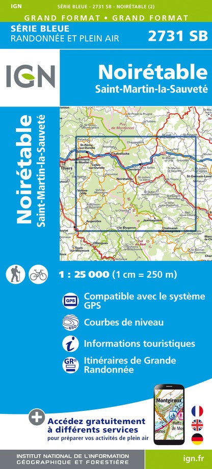 Carte de randonnée n° 2731 - Noirétable, Saint-Martin-la Sauveté | IGN - Série Bleue carte pliée IGN 