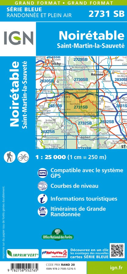 Carte de randonnée n° 2731 - Noirétable, Saint-Martin-la Sauveté | IGN - Série Bleue carte pliée IGN 