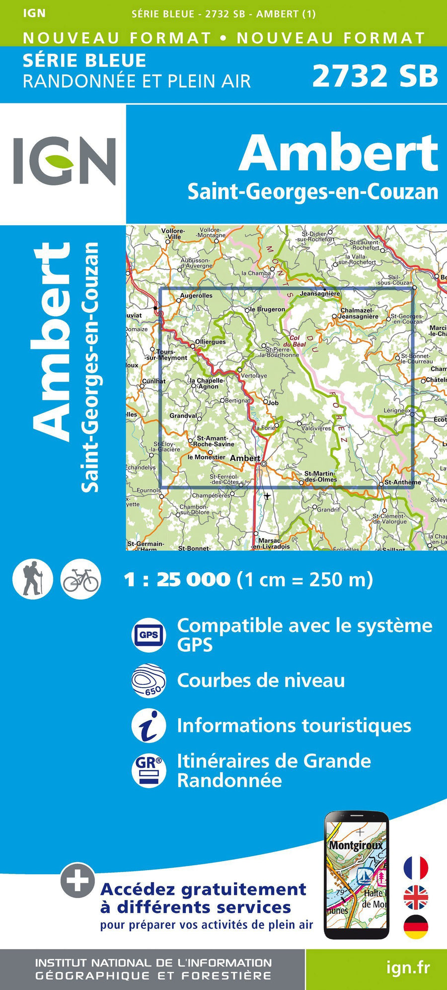 Carte de randonnée n° 2732 - Ambert, Saint-Georges-en-Couzan | IGN - Série Bleue carte pliée IGN 