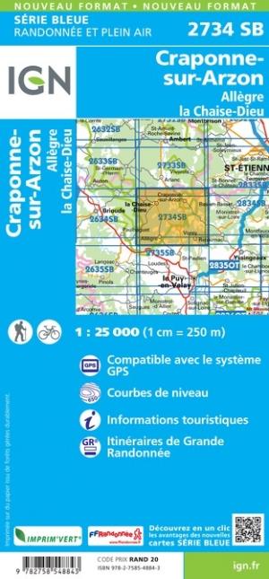 Carte de randonnée n° 2734 - Craponne-sur-Arzon, Allègre, La Chaise-Dieu | IGN - Série Bleue carte pliée IGN 