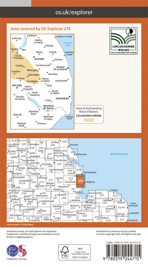 Carte de randonnée n° 274 - Skegness, Alford, Spilsby (Grande Bretagne) | Ordnance Survey - Explorer carte pliée Ordnance Survey Papier 