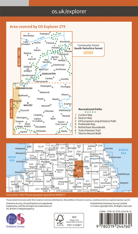 Carte de randonnée n° 279 - Doncaster (Grande Bretagne) | Ordnance Survey - Explorer carte pliée Ordnance Survey Papier 