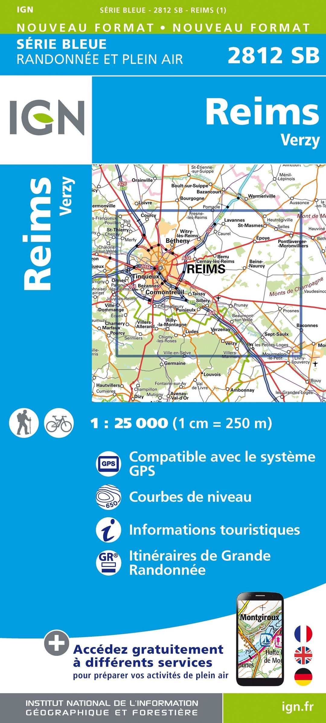 Carte de randonnée n° 2812 - Reims, Verzy | IGN - Série Bleue carte pliée IGN 