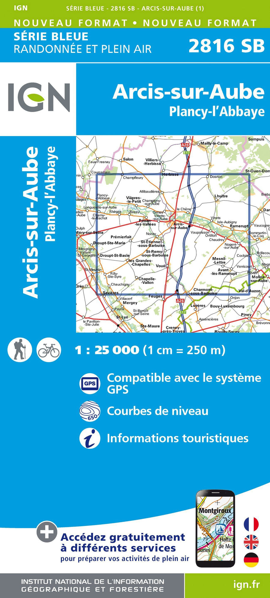 Carte de randonnée n° 2816 - Arcis-sur-Aube, Plancy-L'Abbaye | IGN - Série Bleue carte pliée IGN 