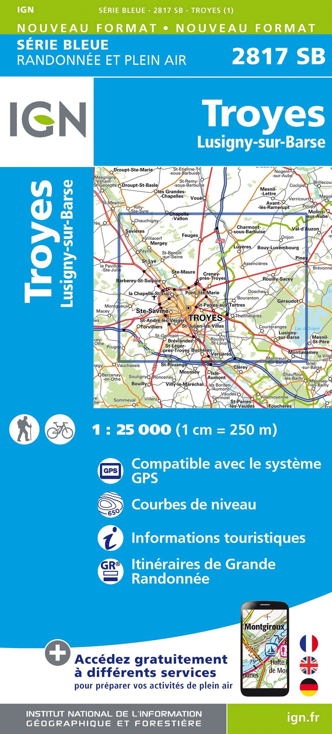 Carte de randonnée n° 2817 - Troyes, Lusigny-sur-Barse | IGN - Série Bleue carte pliée IGN 