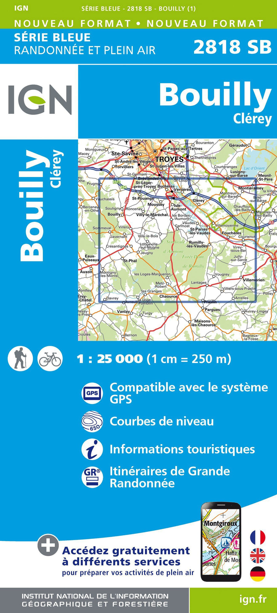 Carte de randonnée n° 2818 - Bouilly, Clérey | IGN - Série Bleue carte pliée IGN 