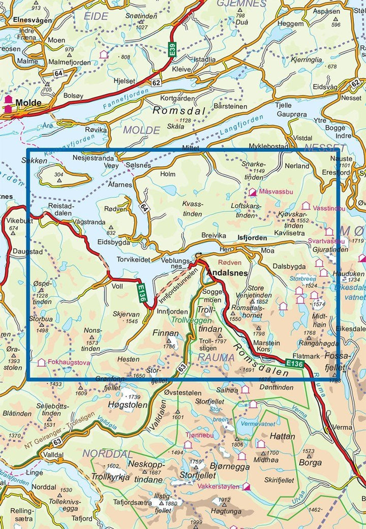 Carte de randonnée n° 2821 - Romsdalsfjella Nord (Norvège) | Nordeca - Turkart 1/50 000 carte pliée Nordeca 