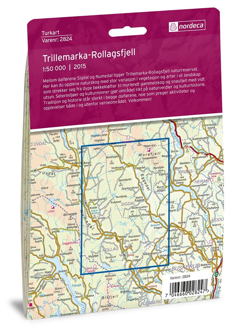 Carte de randonnée n° 2824 - Trillemarka-Rollagsfjell (Norvège) | Nordeca - Turkart 1/50 000 carte pliée Nordeca 