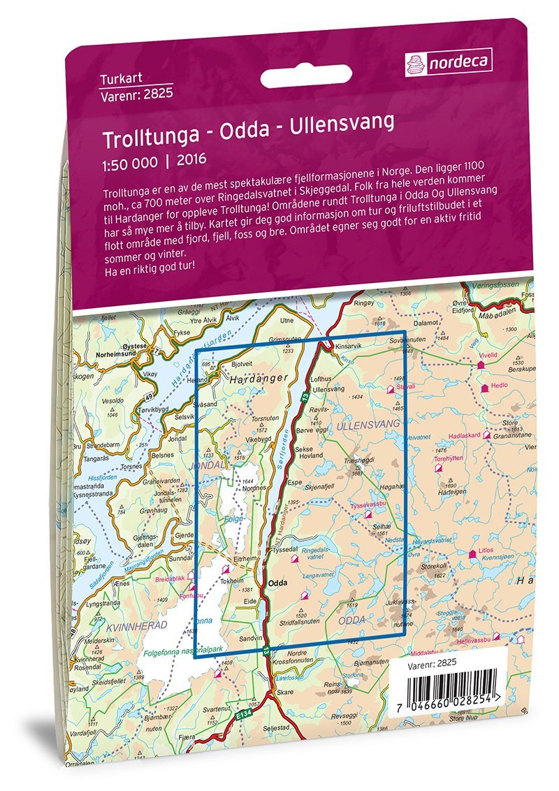 Carte de randonnée n° 2825 - Trolltunga - Odda, Ullensvang (Norvège) | Nordeca - Turkart 1/50 000 carte pliée Nordeca 