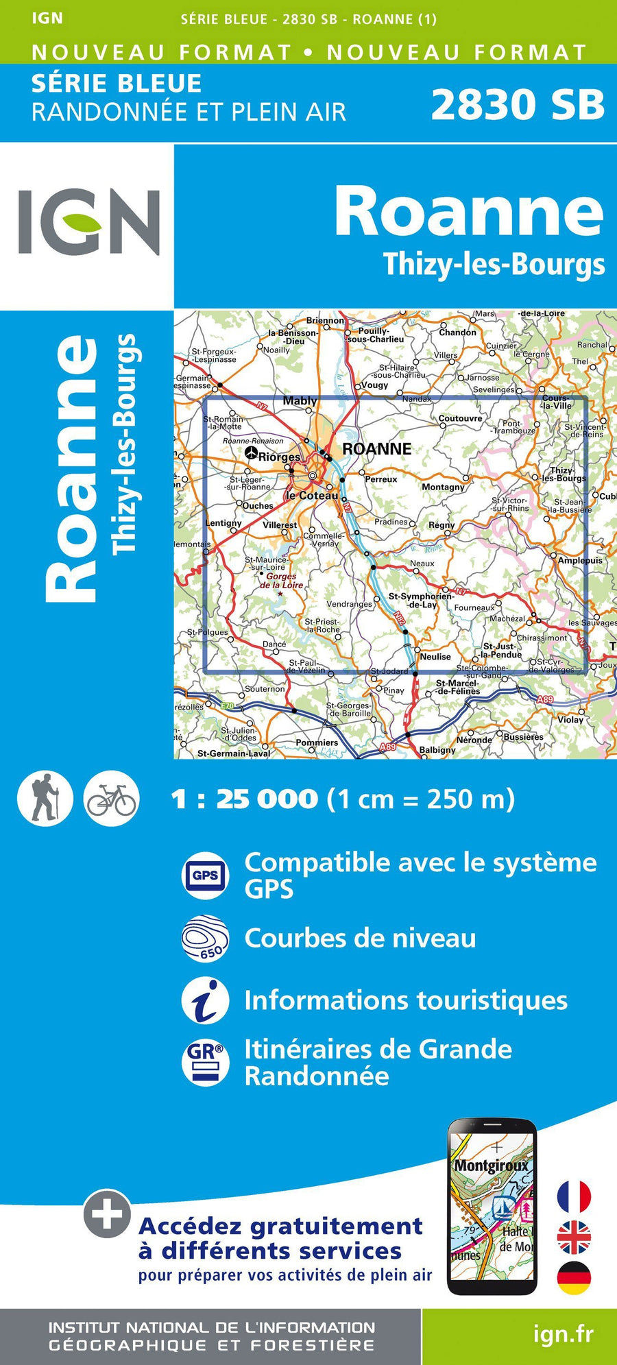 Carte de randonnée n° 2830 - Roanne, Thizy-les-Bourgs | IGN - Série Bleue carte pliée IGN 