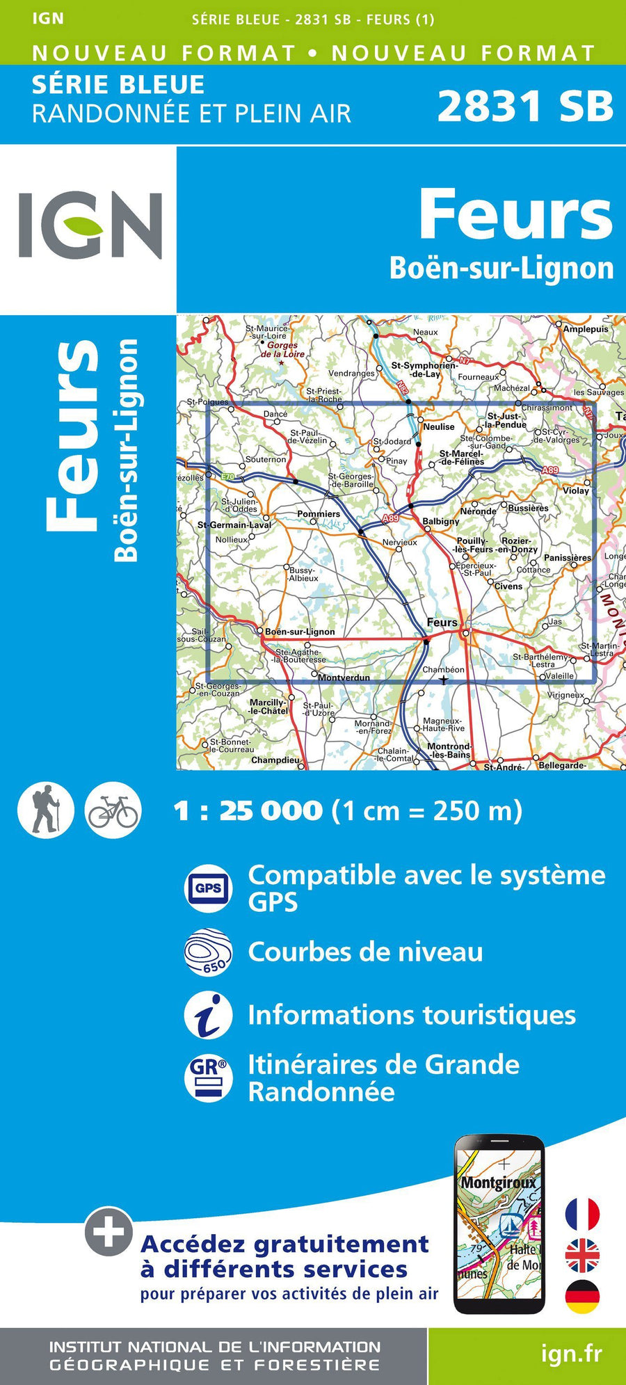 Carte de randonnée n° 2831 - Feurs, Boën-sur-Lignon | IGN - Série Bleue carte pliée IGN 