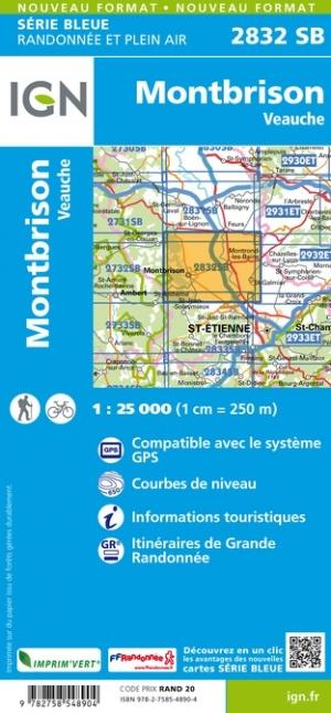 Carte de randonnée n° 2832 - Montbrison, Veauche | IGN - Série Bleue carte pliée IGN 