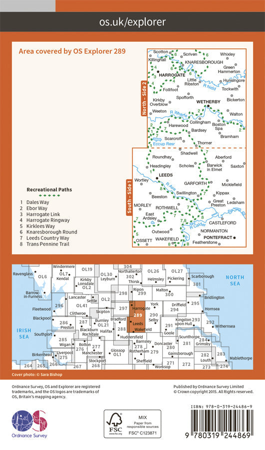 Carte de randonnée n° 289 - Leeds, Harrogate, Wetherby, Pontefract (Grande Bretagne) | Ordnance Survey - Explorer carte pliée Ordnance Survey Papier 