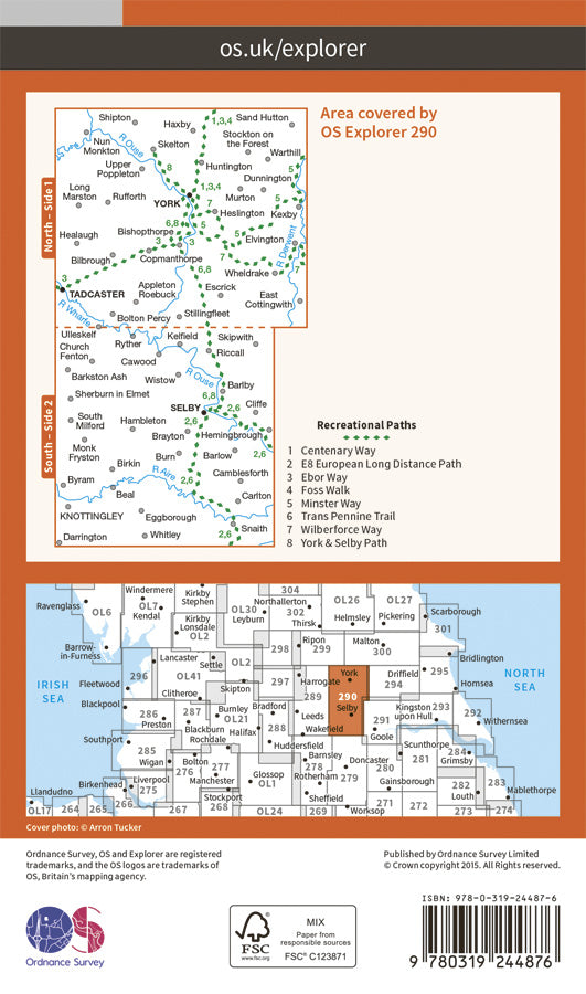 Carte de randonnée n° 290 - York, Selby, Tadcaster (Grande Bretagne) | Ordnance Survey - Explorer carte pliée Ordnance Survey Papier 