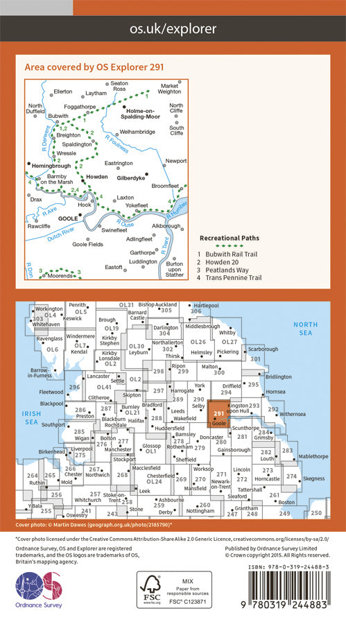 Carte de randonnée n° 291 - Goole, Gilberdyke (Grande Bretagne) | Ordnance Survey - Explorer carte pliée Ordnance Survey Papier 