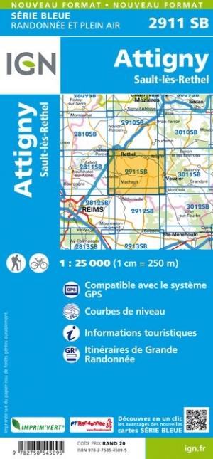 Carte de randonnée n° 2911 - Attigny, Sault-Lès-Rethel | IGN - Série Bleue carte pliée IGN 
