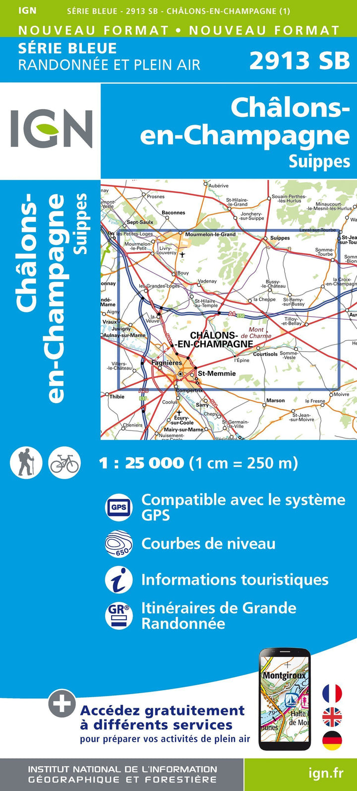 Carte de randonnée n° 2913 - Châlons-en-Champagne, Suippes | IGN - Série Bleue carte pliée IGN 