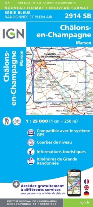 Carte de randonnée n° 2914 - Châlons-en-Champagne, Marson | IGN - Série Bleue carte pliée IGN 