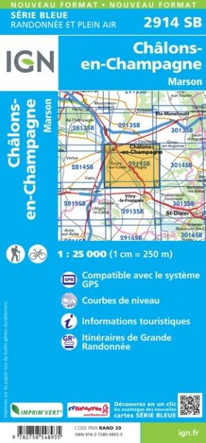 Carte de randonnée n° 2914 - Châlons-en-Champagne, Marson | IGN - Série Bleue carte pliée IGN 