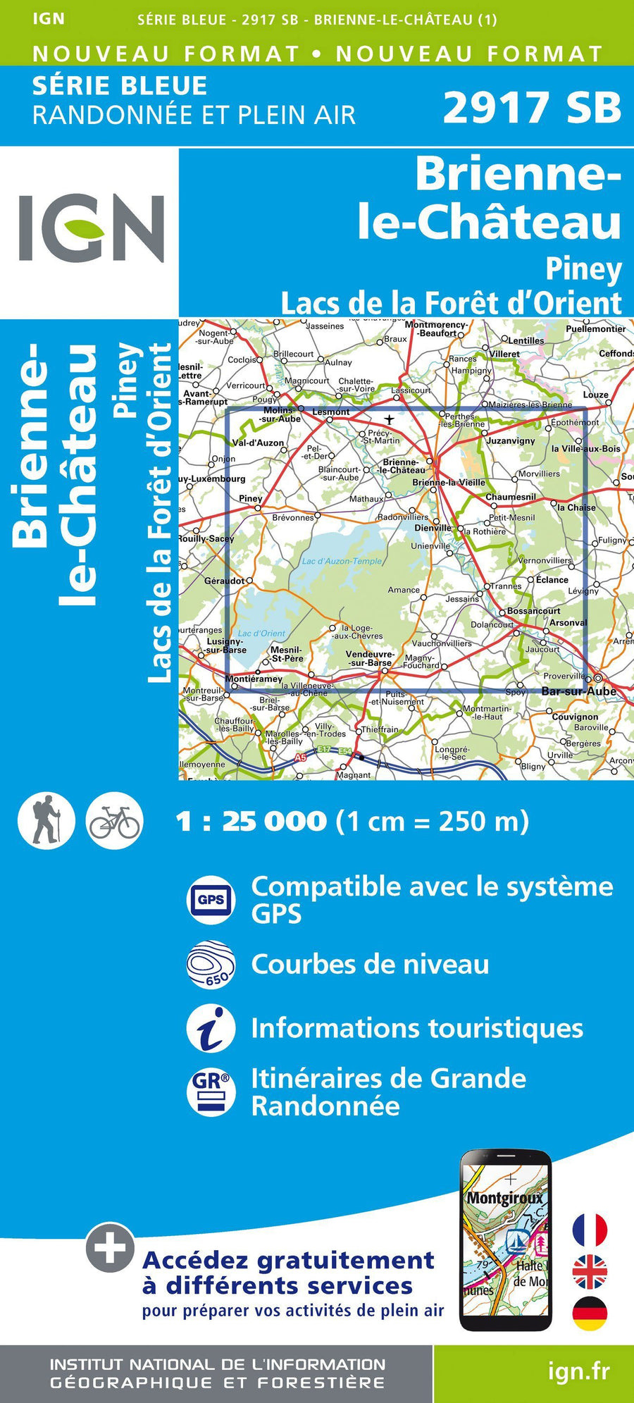 Carte de randonnée n° 2917 - Brienne-le-Château, Piney, Lasc de la Forêt d'Orient | IGN - Série Bleue carte pliée IGN 