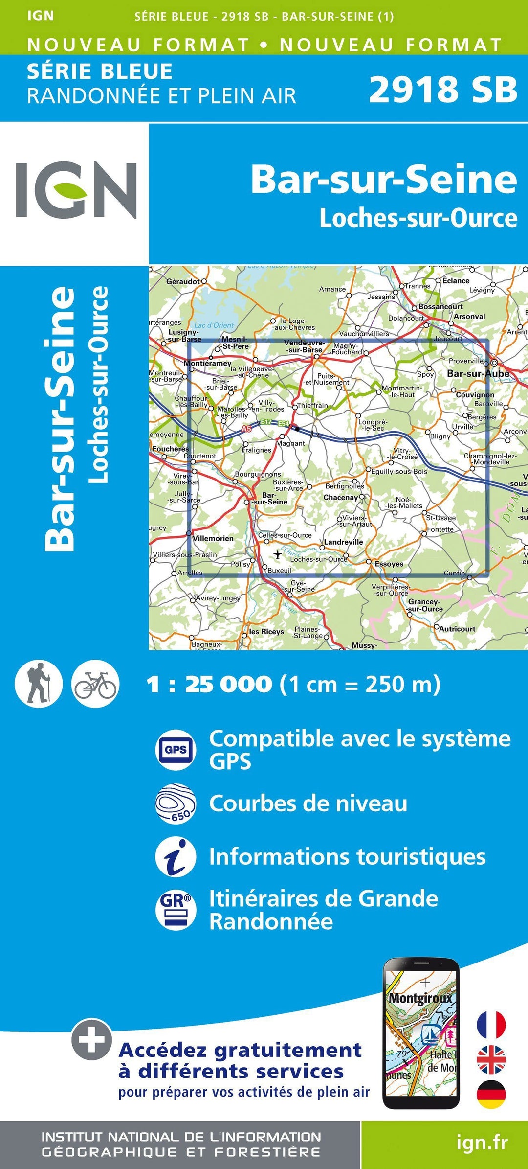 Carte de randonnée n° 2918 - Bar-sur-Seine, Loches-sur-Ource | IGN - Série Bleue carte pliée IGN 