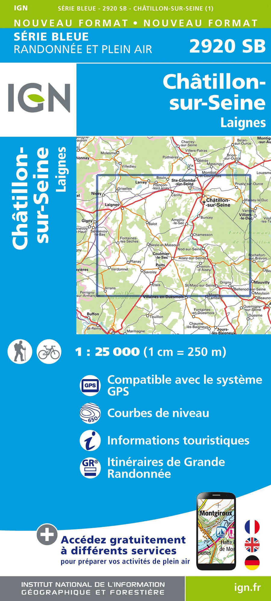 Carte de randonnée n° 2920 - Châtillon-sur-Seine, Laignes | IGN - Série Bleue carte pliée IGN 