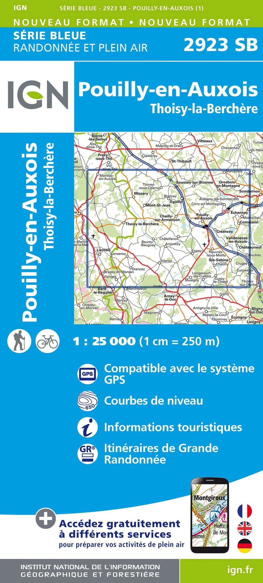 Carte de randonnée n° 2923 - Pouilly-en-Auxois, Thoisy-la-Berchère | IGN - Série Bleue carte pliée IGN 