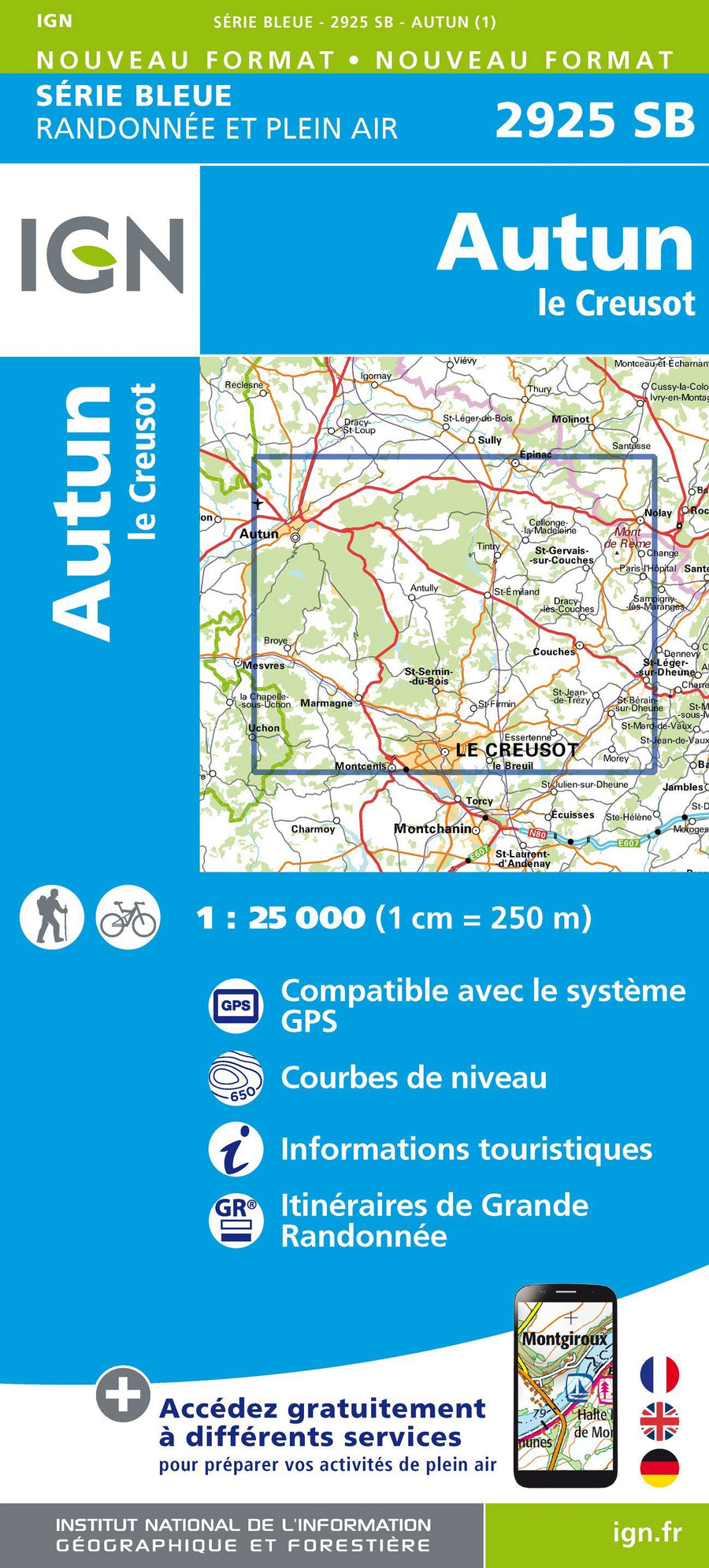 Carte de randonnée n° 2925 - Autun, Le Creusot | IGN - Série Bleue carte pliée IGN 