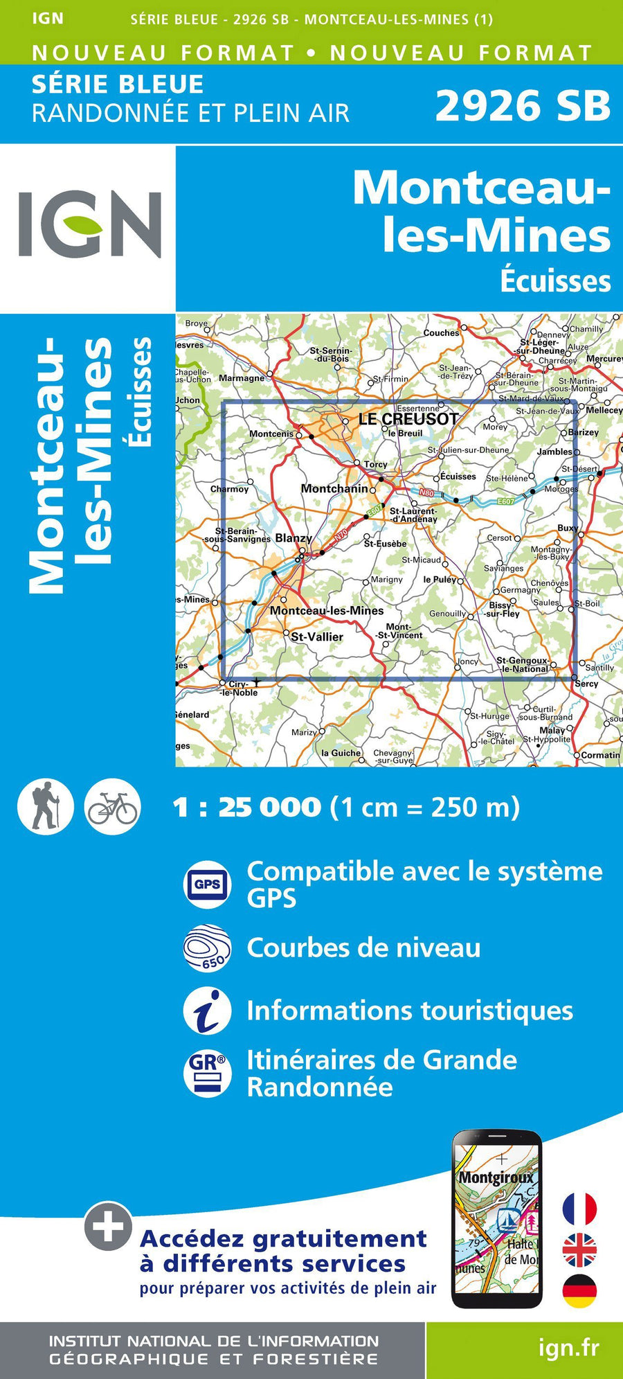 Carte de randonnée n° 2926 - Montceau-les-Mines, Ecuisses | IGN - Série Bleue carte pliée IGN 