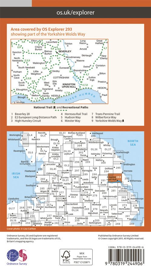 Carte de randonnée n° 293 - Kingston upon Hull, Beverley (Grande Bretagne) | Ordnance Survey - Explorer carte pliée Ordnance Survey Papier 