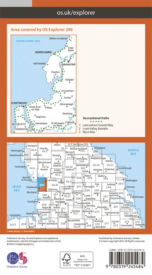 Carte de randonnée n° 296 - Lancaster, Morecambe, Fleetwood (Grande Bretagne) | Ordnance Survey - Explorer carte pliée Ordnance Survey Papier 