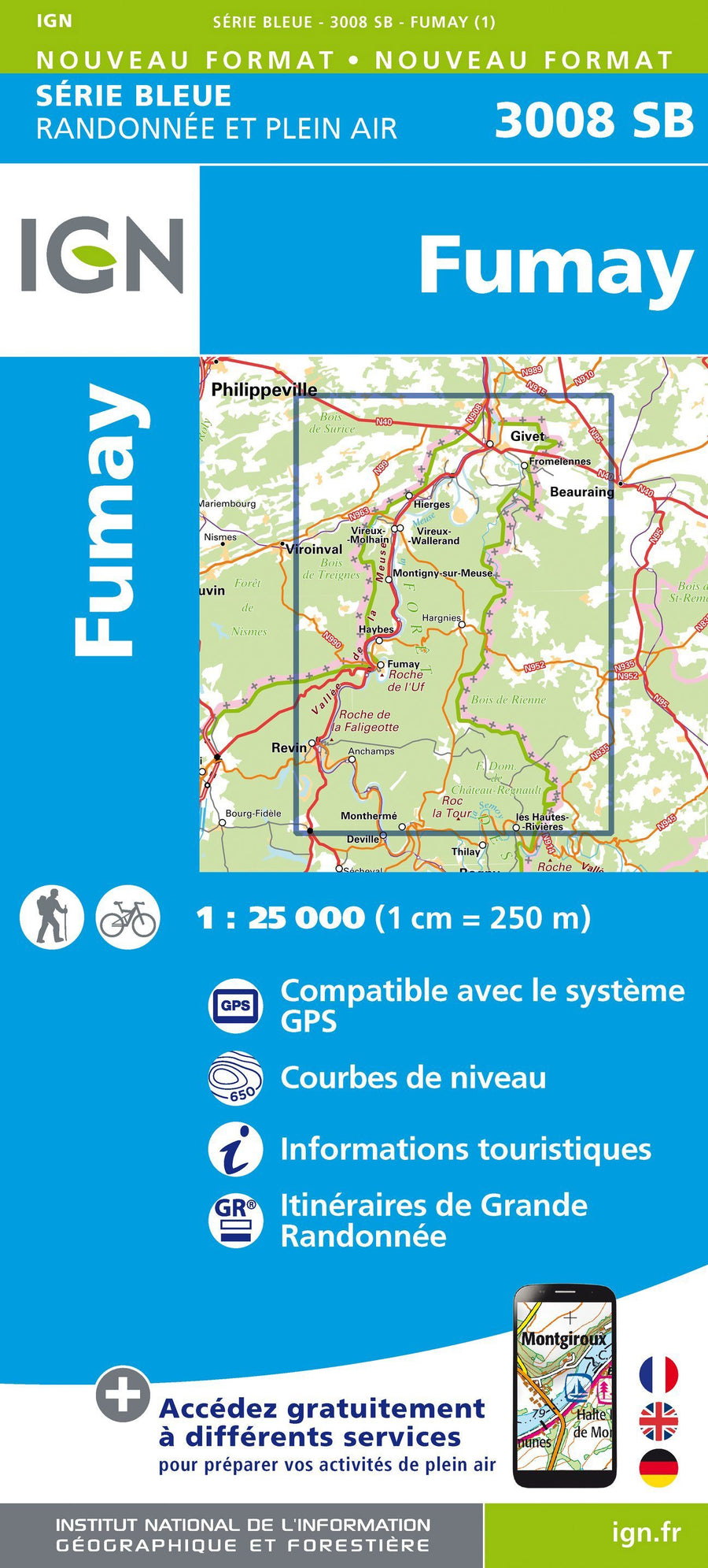 Carte de randonnée n° 3008 - Fumay | IGN - Série Bleue carte pliée IGN 