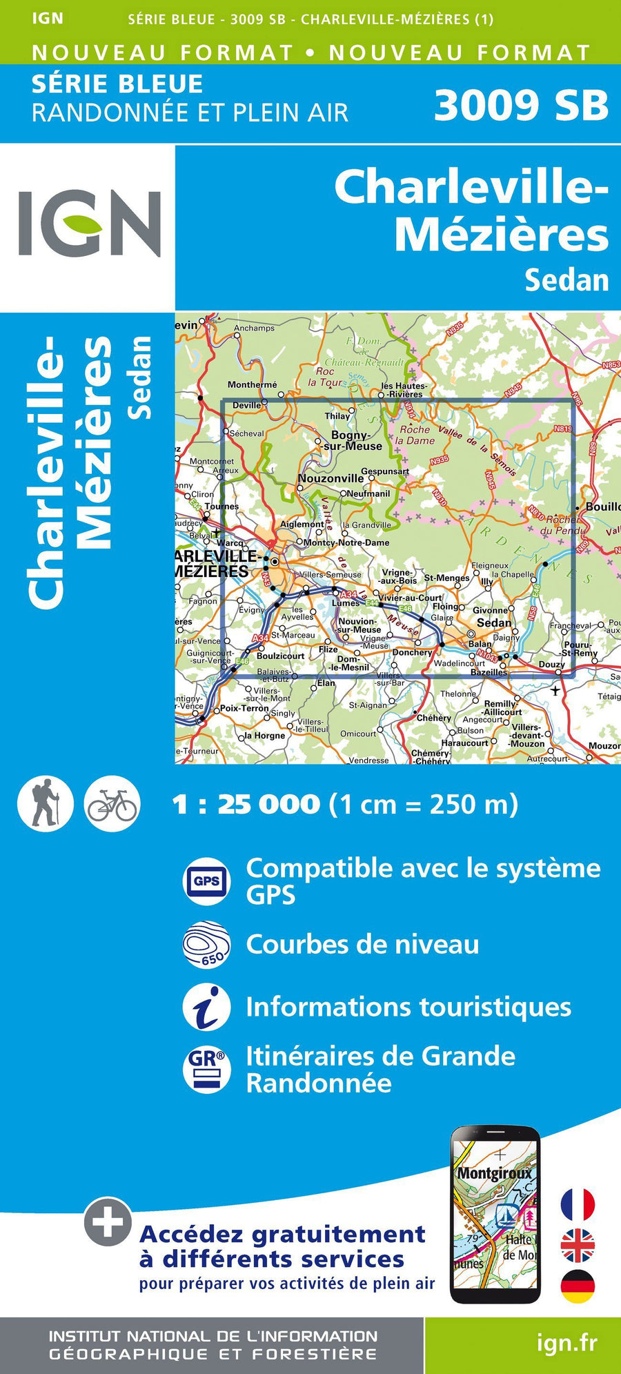 Carte de randonnée n° 3009 - Charleville-Mézières, Sedan | IGN - Série Bleue carte pliée IGN 