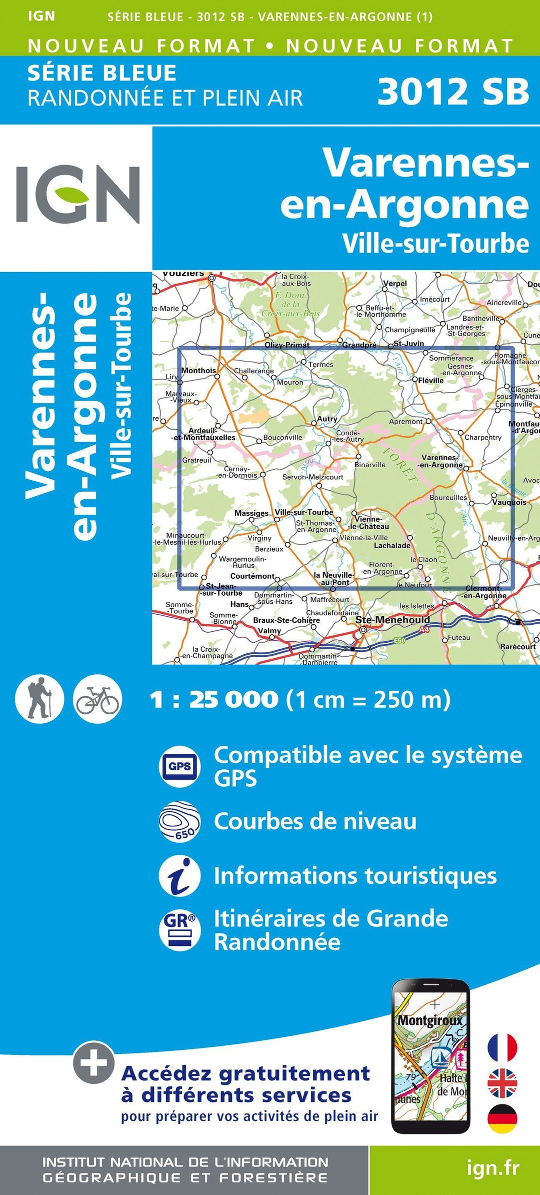 Carte de randonnée n° 3012 - Varennes-en-Argonne, Ville-sur-Tourbe | IGN - Série Bleue carte pliée IGN 