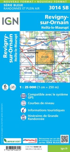 Carte de randonnée n° 3014 - Revigny-sur-Ornain, Heiltz-le-Maurupt | IGN - Série Bleue carte pliée IGN 