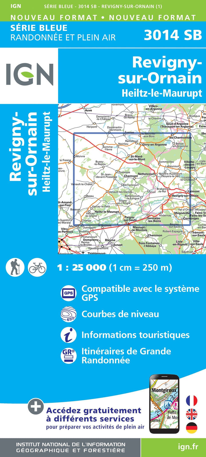 Carte de randonnée n° 3014 - Revigny-sur-Ornain, Heiltz-le-Maurupt | IGN - Série Bleue carte pliée IGN 