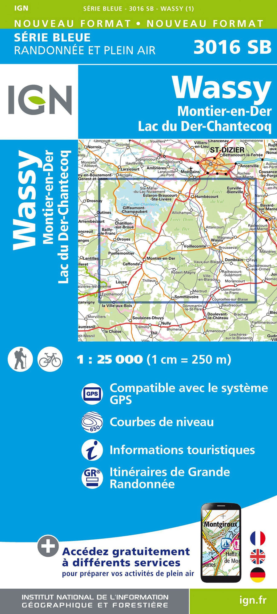 Carte de randonnée n° 3016 - Wassy, Montier-en-der Lac du Mer - Chantecoq | IGN - Série Bleue carte pliée IGN 