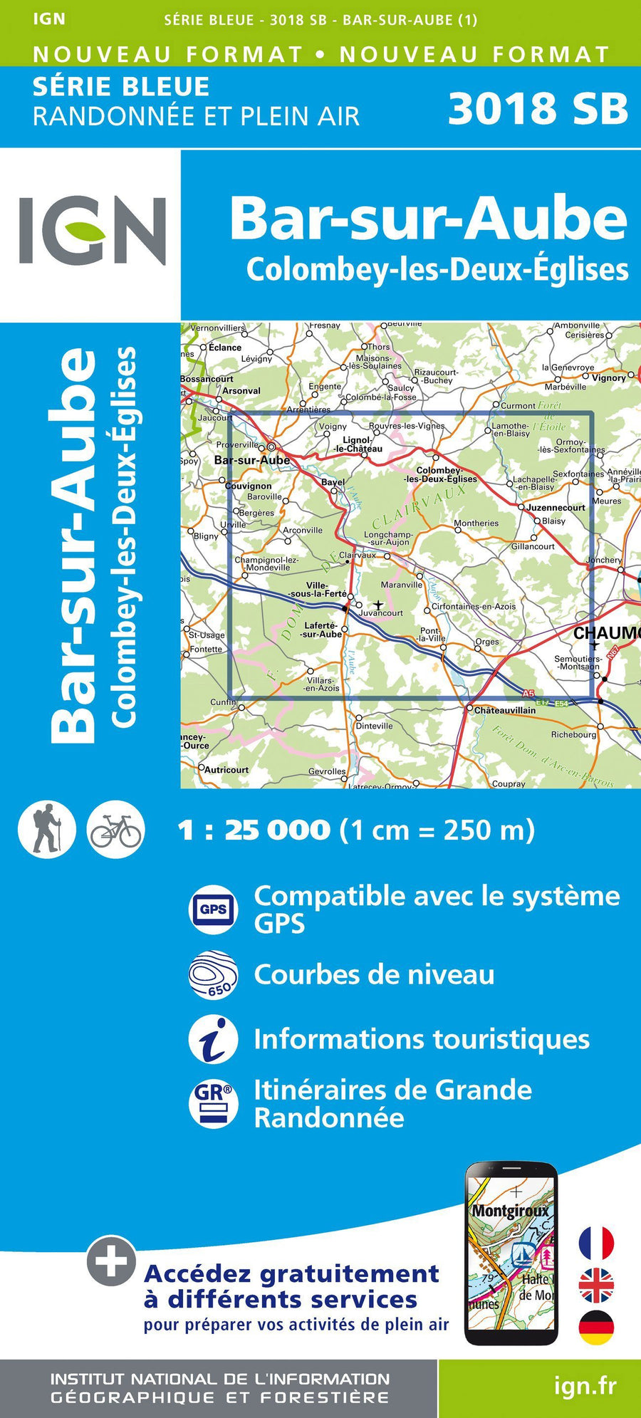 Carte de randonnée n° 3018 - Bar-sur-Aube, Colombey-les-Deux-Eglises | IGN - Série Bleue carte pliée IGN 