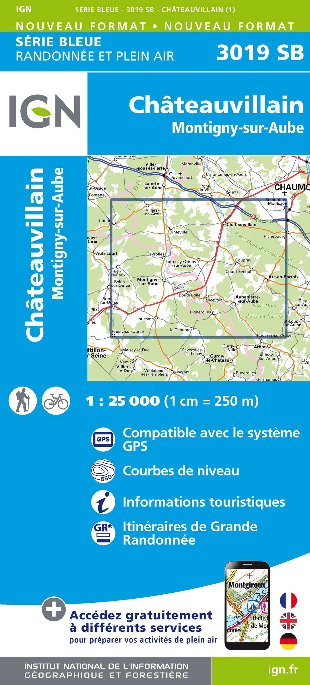 Carte de randonnée n° 3019 - Châteauvillain, Montigny-sur-Aube | IGN - Série Bleue carte pliée IGN 
