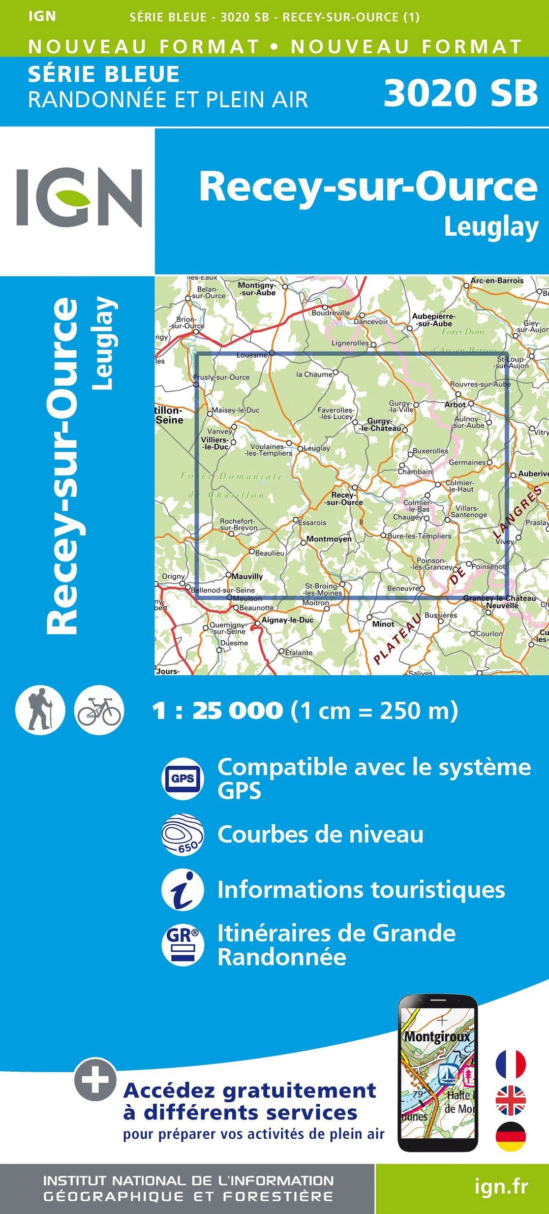 Carte de randonnée n° 3020 - Recey-sur-Ource, Leuglay | IGN - Série Bleue carte pliée IGN 