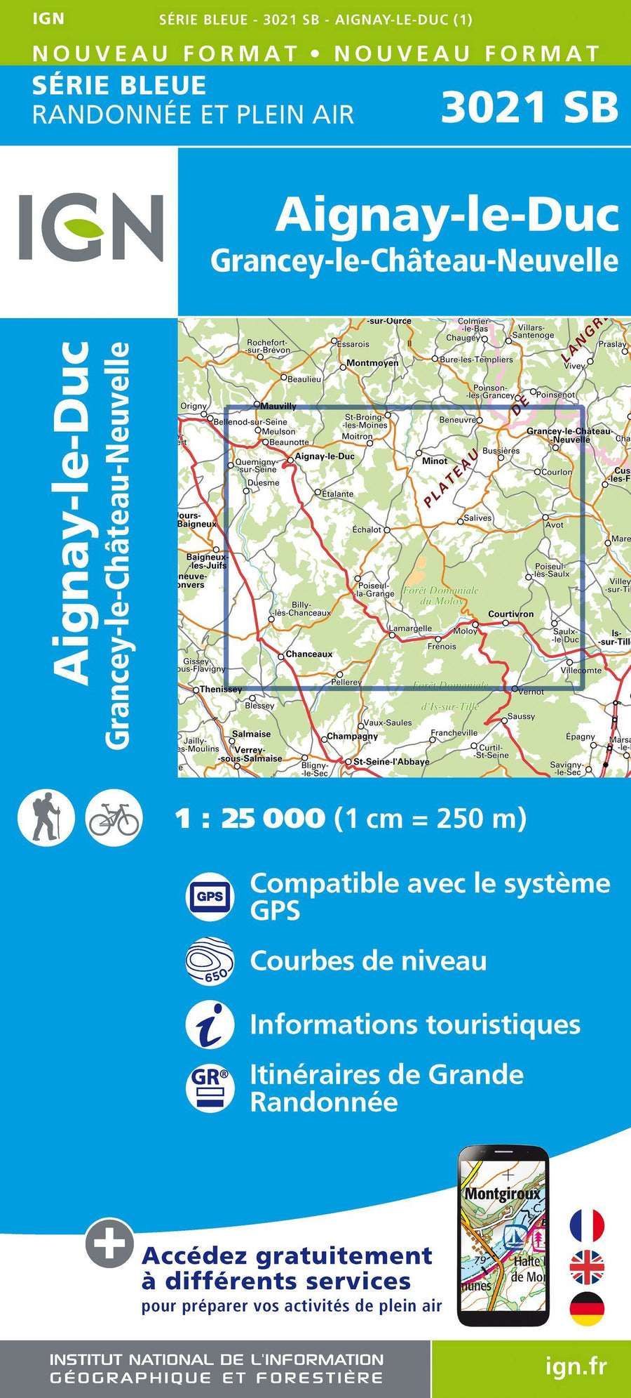 Carte de randonnée n° 3021 - Aignay-le-Duc, Grancey-le-Château-Neuvelle | IGN - Série Bleue carte pliée IGN 