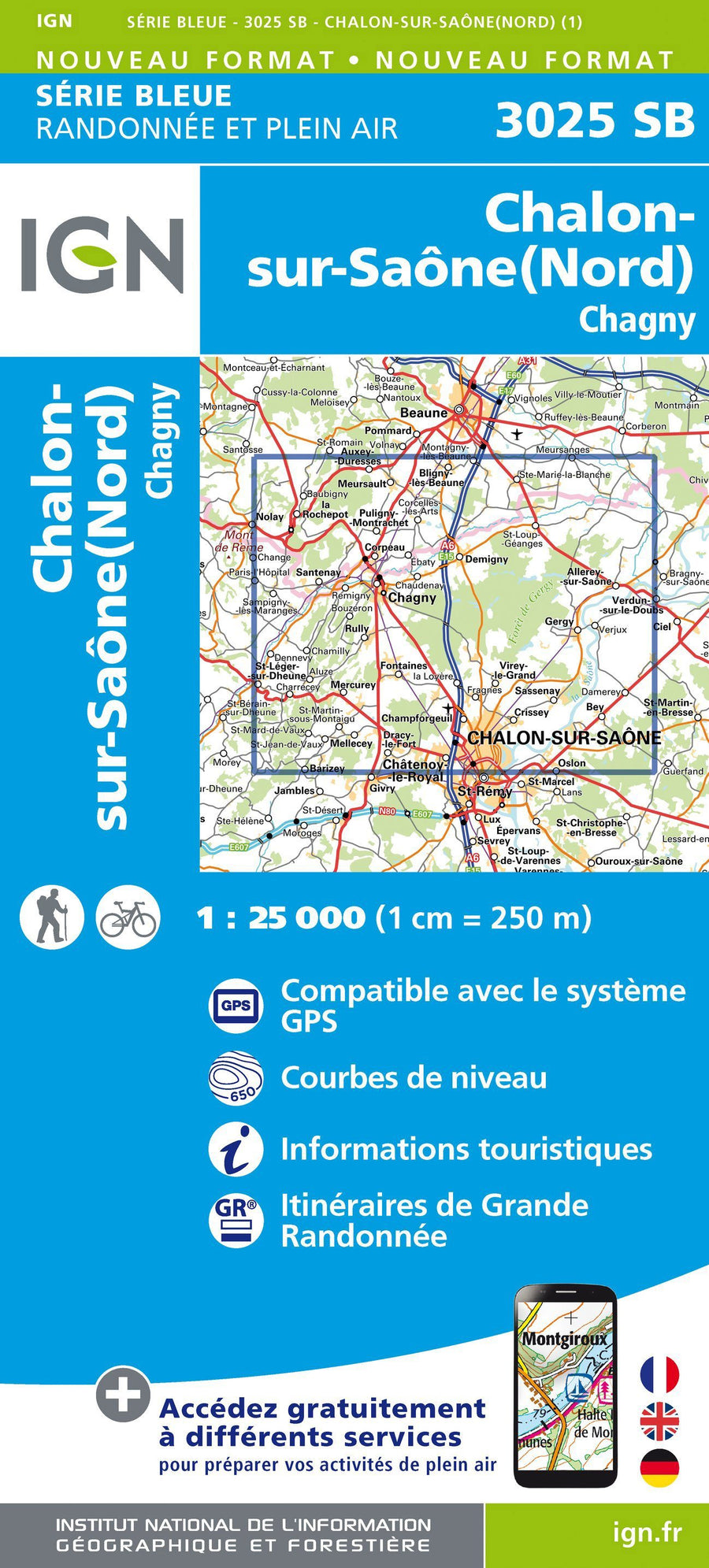 Carte de randonnée n° 3025 - Chalon-sur-Saône (Nord) - Chagny | IGN - Série Bleue carte pliée IGN 