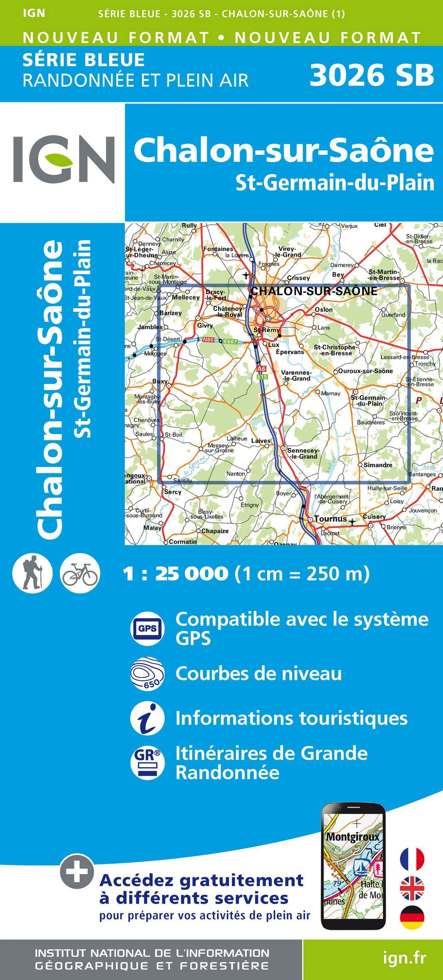 Carte de randonnée n° 3026 - Chalon-sur-Saône, St-Gernain-du-Plain | IGN - Série Bleue carte pliée IGN 