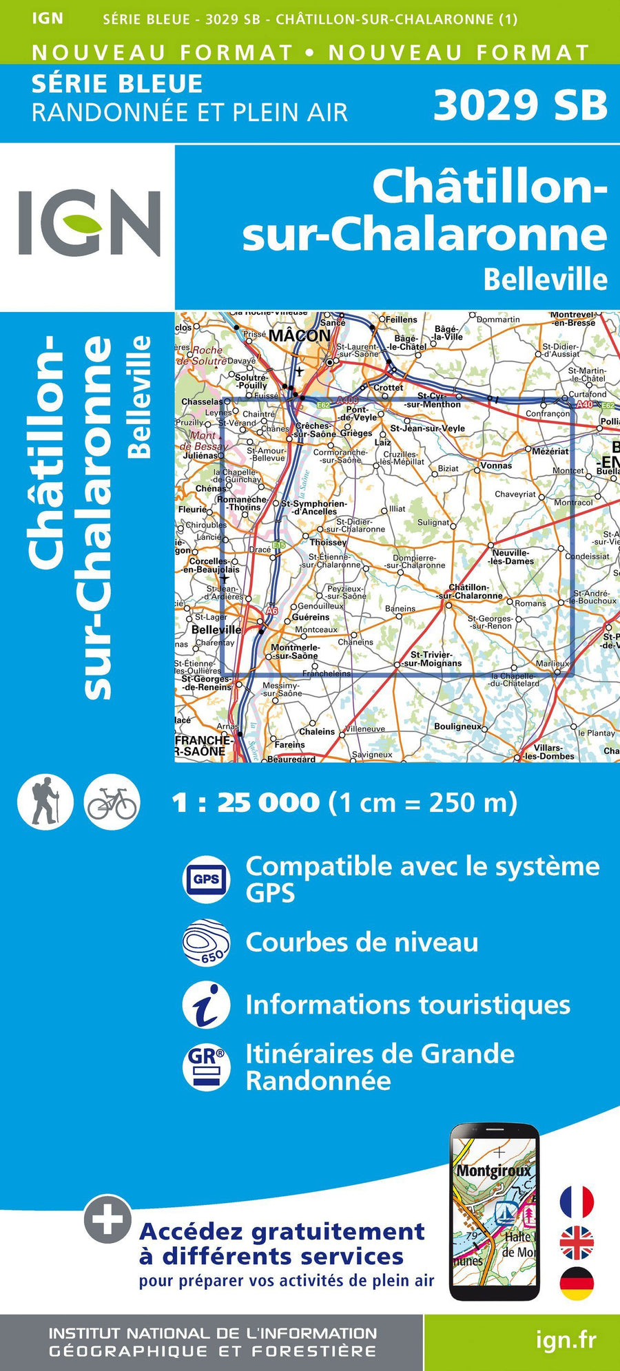 Carte de randonnée n° 3029 - Châtillon-sur-Chalaronne, Belleville | IGN - Série Bleue carte pliée IGN 