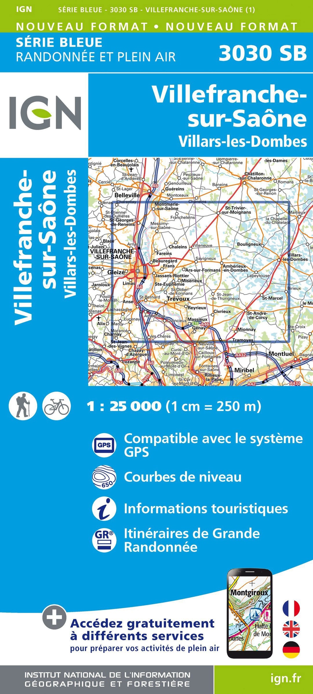 Carte de randonnée n° 3030 - Villefranche-sur-Saône, Villars-les-Dombes | IGN - Série Bleue carte pliée IGN 