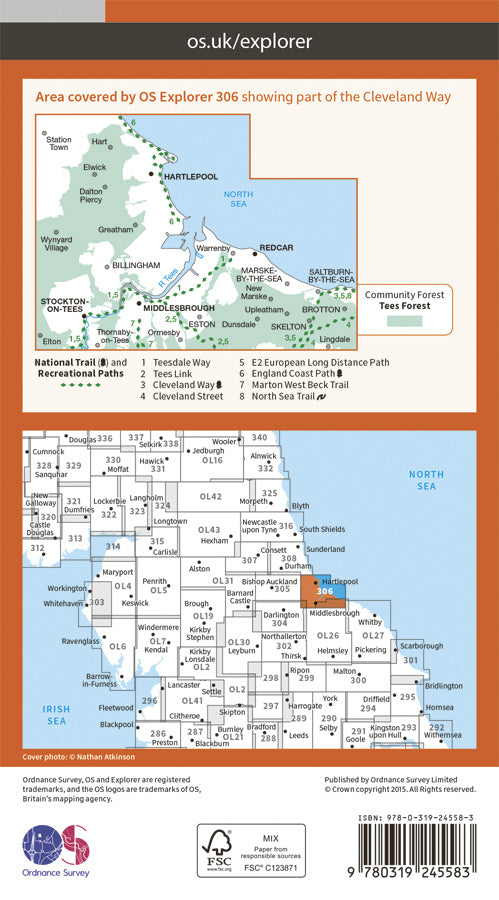 Carte de randonnée n° 306 - Middlesbrough, Hartlepool (Grande Bretagne) | Ordnance Survey - Explorer carte pliée Ordnance Survey Papier 