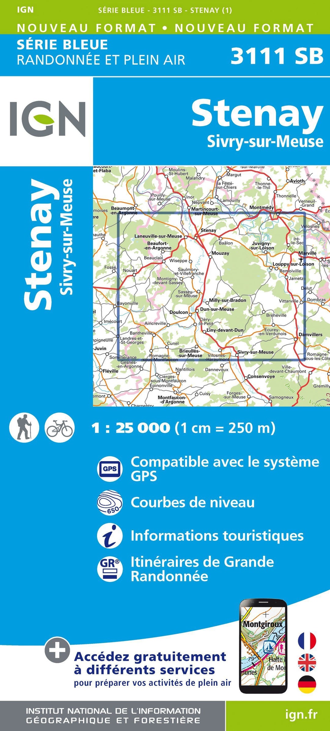 Carte de randonnée n° 3111 - Stenay, Sivry-sur-Meuse | IGN - Série Bleue carte pliée IGN 