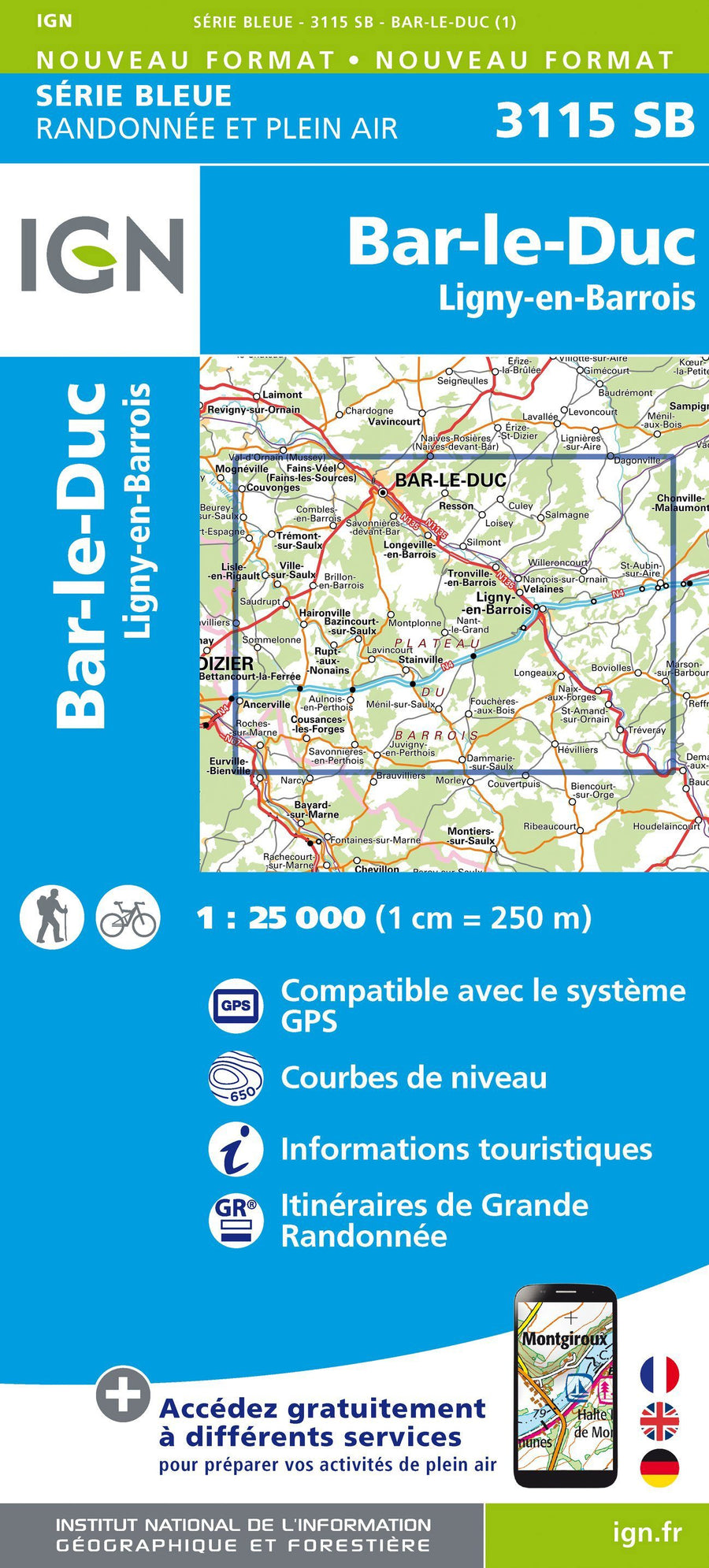 Carte de randonnée n° 3115 - Bar-le-Duc, Ligny-en-Barrois | IGN - Série Bleue carte pliée IGN 